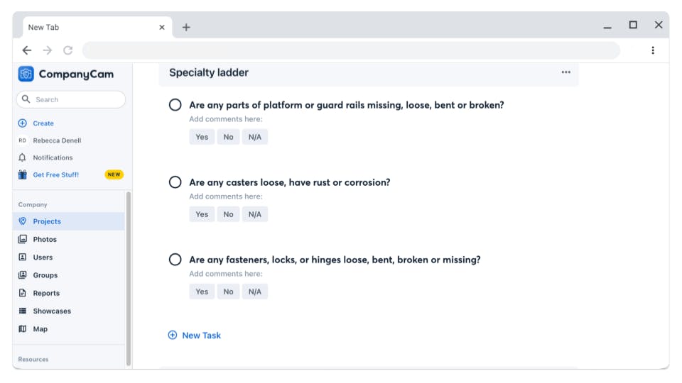 google chrome style browser showing companycam to do list for ladder safety.