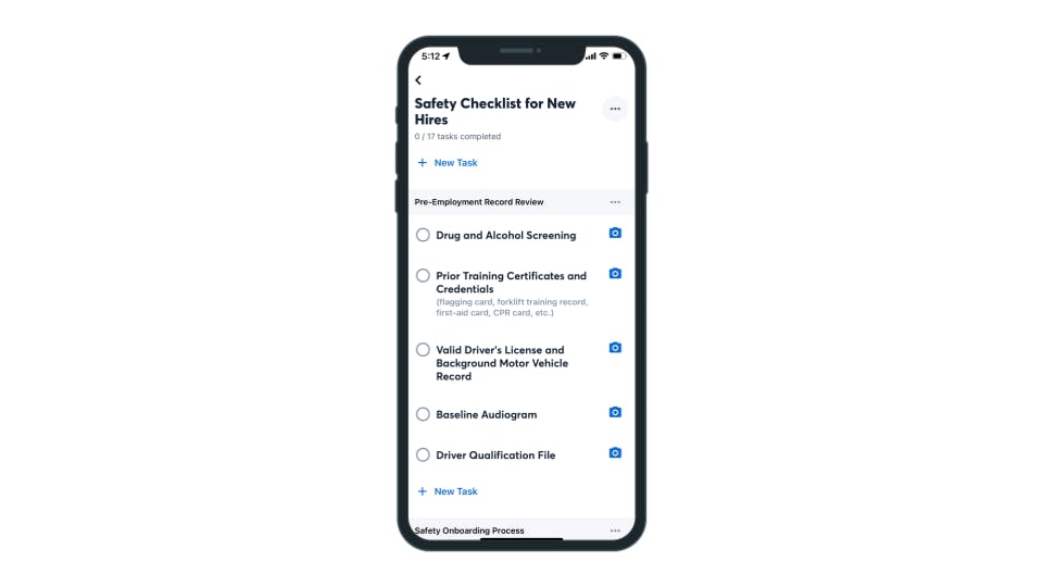 iphone showing companycam to do list for new hire onboarding.