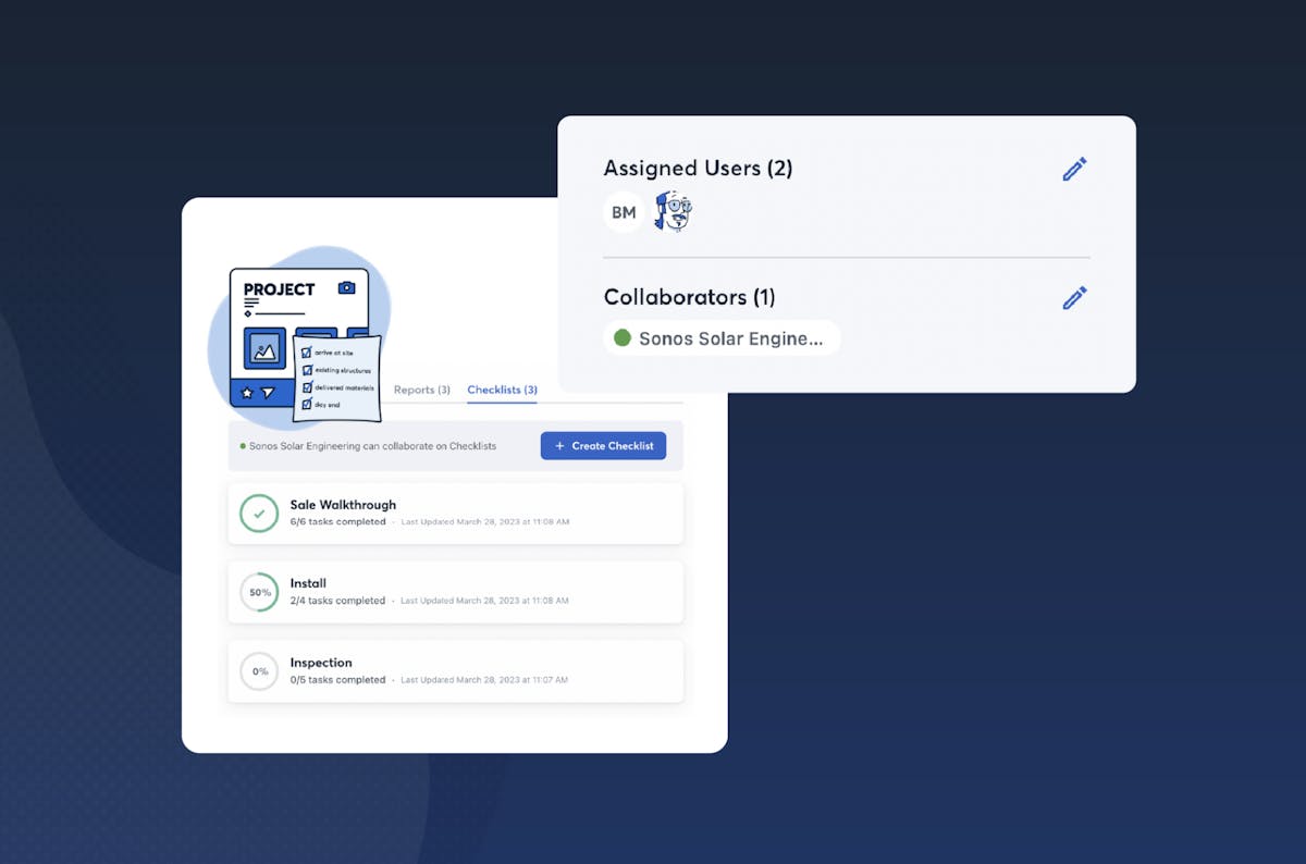 Construction app manages assigned users, collaborators, and project checklists for job site task management.