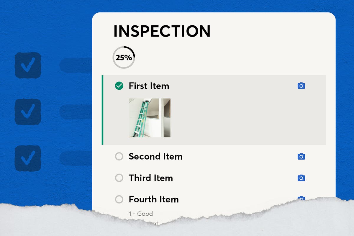 Digital inspection checklist showing a completed item with a photo, progress indicator at 25%, and additional checklist items below.