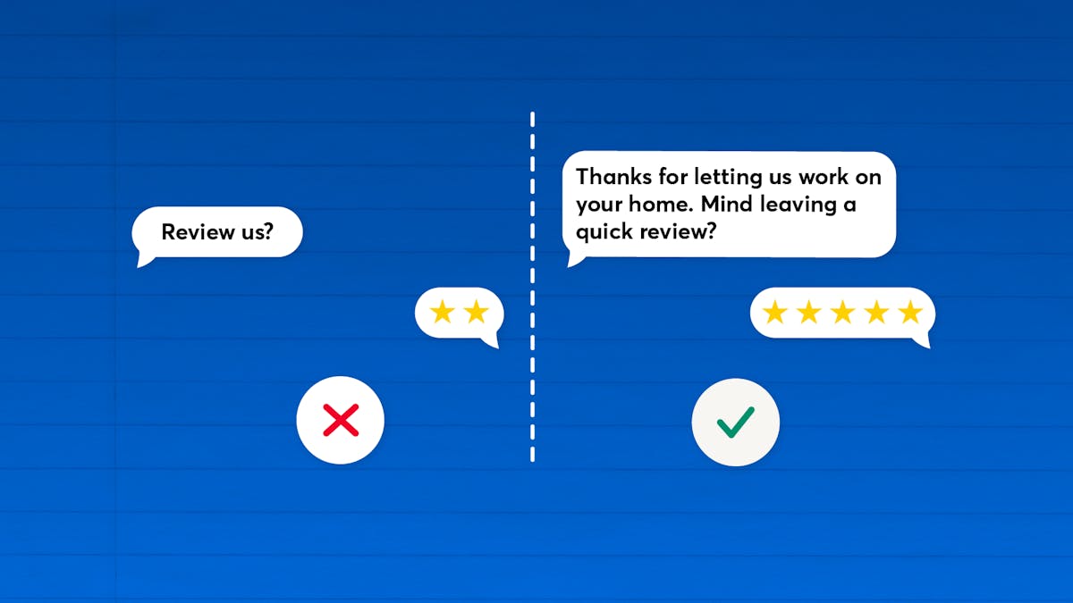 side-by-side comparison showing an ineffective review request ("Review us?") leading to a 2-star rating, versus a personalized message ("Thanks for letting us work on your home. Mind leaving a quick review?") resulting in a 5-star rating