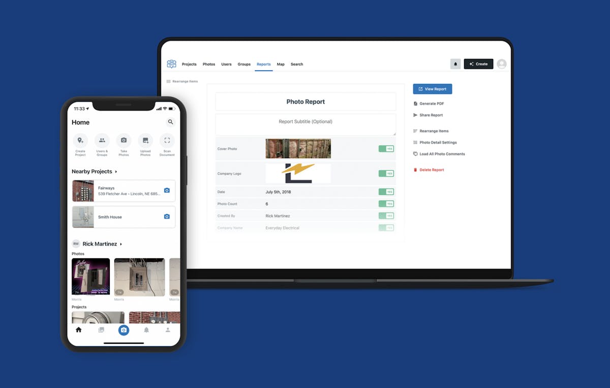 mobile and desktop view of an insurance claim photo report using companycam