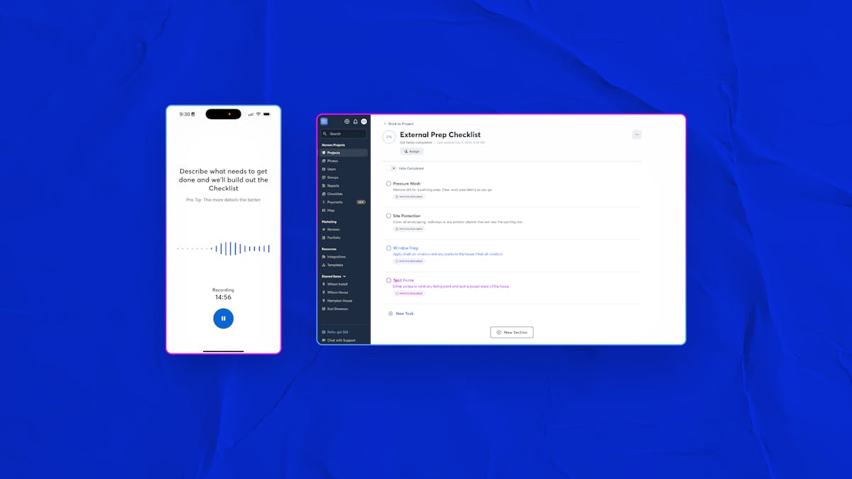 CompanyCam AI checklist feature showing a contractor recording a voice note on mobile and the app generating a detailed task checklist on desktop
