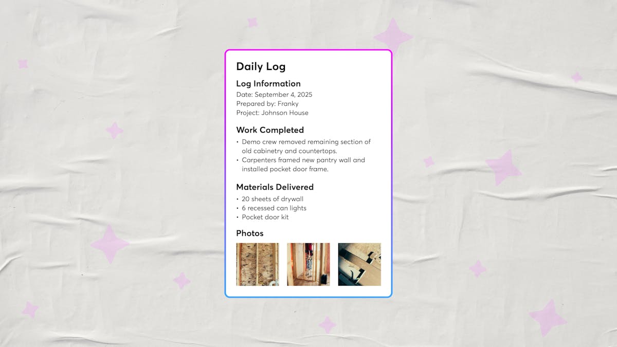 AI-generated daily log report showing completed work materials and progress photos