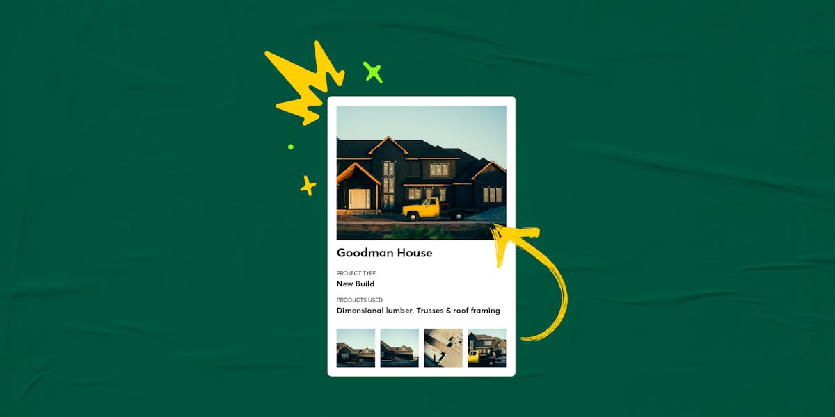 contractor project showcase for Goodman House featuring a new build with product details and multiple job site photos, highlighting visual proof of completed work for a professional work portfolio