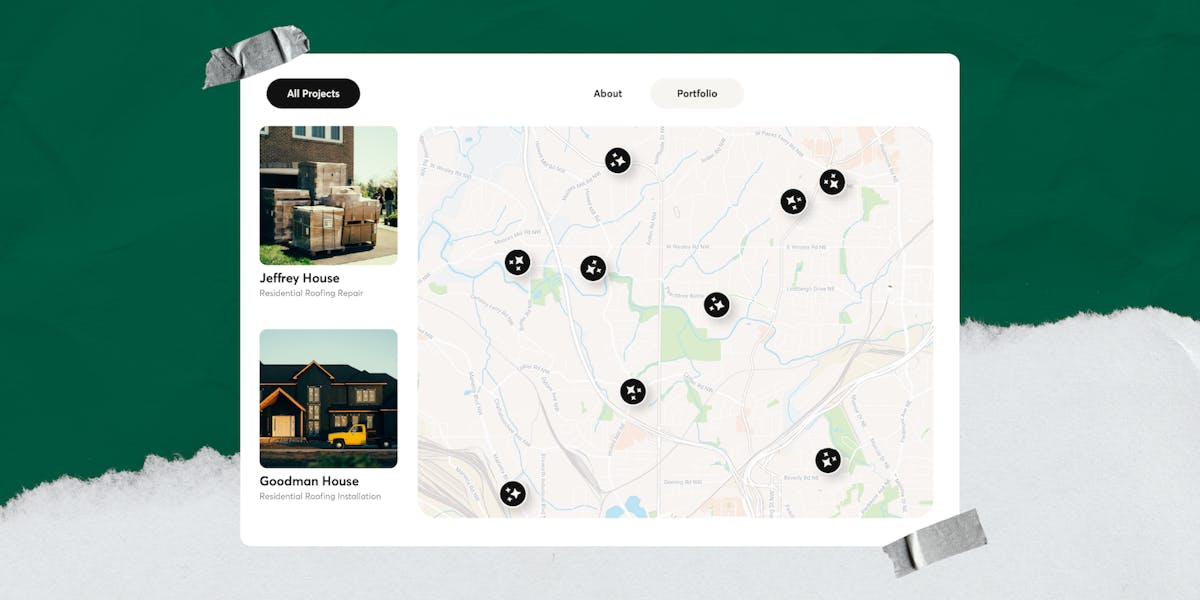 Contractor portfolio webpage showing project photos and descriptions on the left with a map of completed job locations on the right, highlighting how work is displayed visually and geographically
