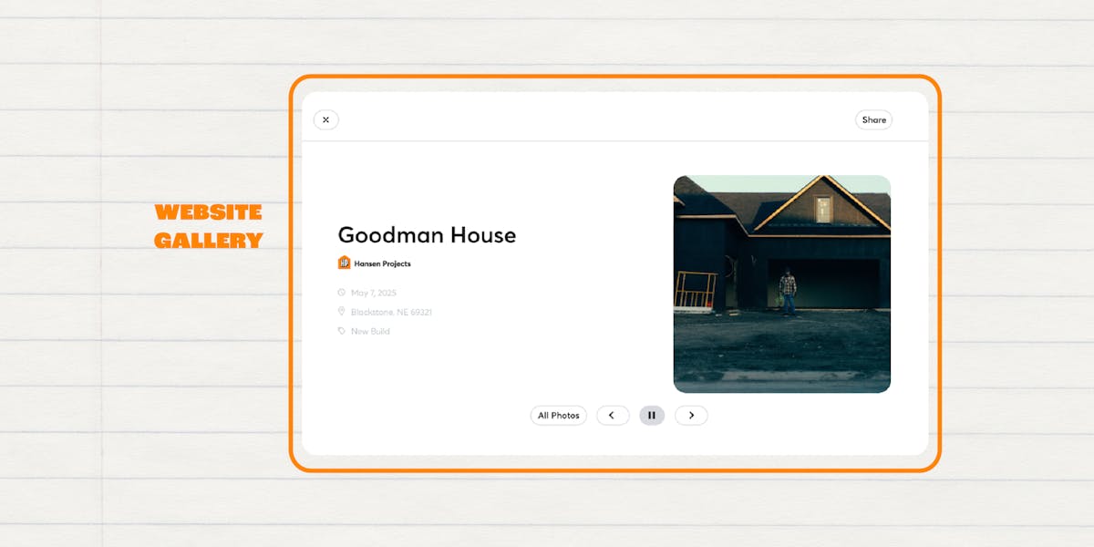 website gallery view of a contractor project displaying project details, location, and job site photo, showing how completed work can be presented on a business website